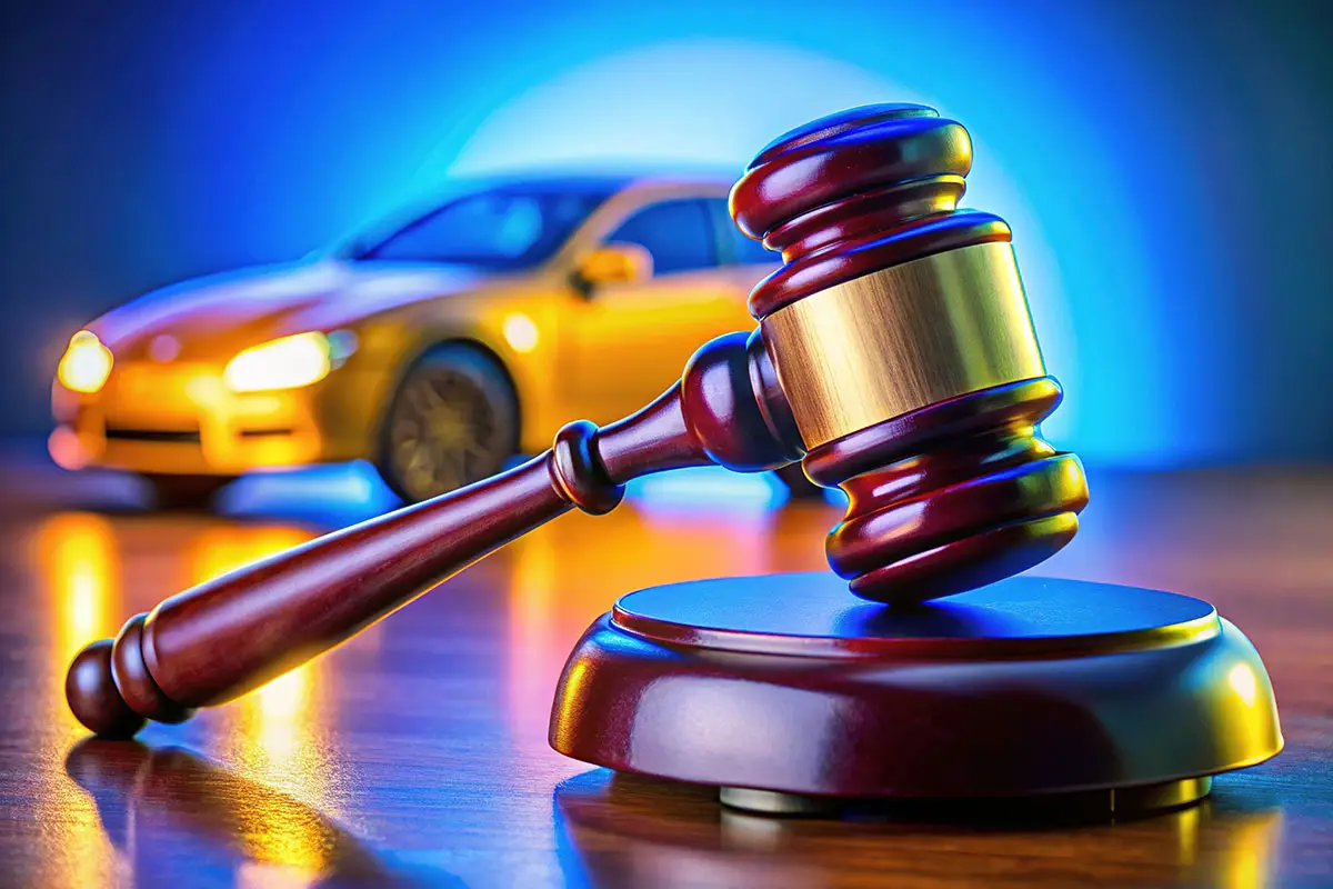 A wooden gavel with a sound block is on the foreground. A blurry yellow car with its headlight on is in the background.