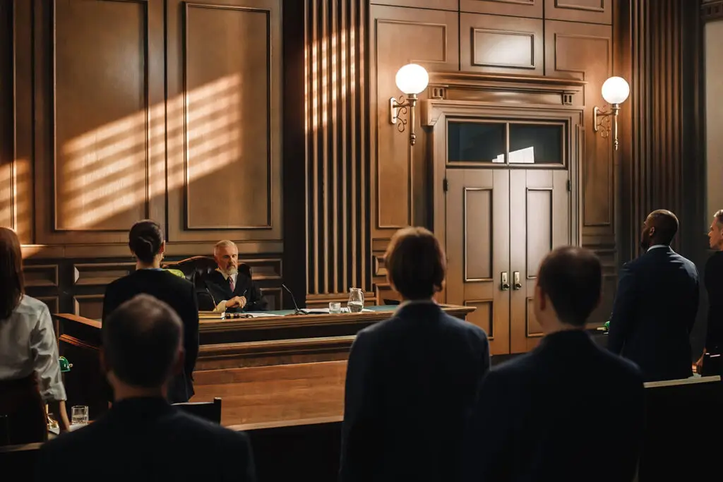 A court hearing with everyone standing as the jury reads the verdict.