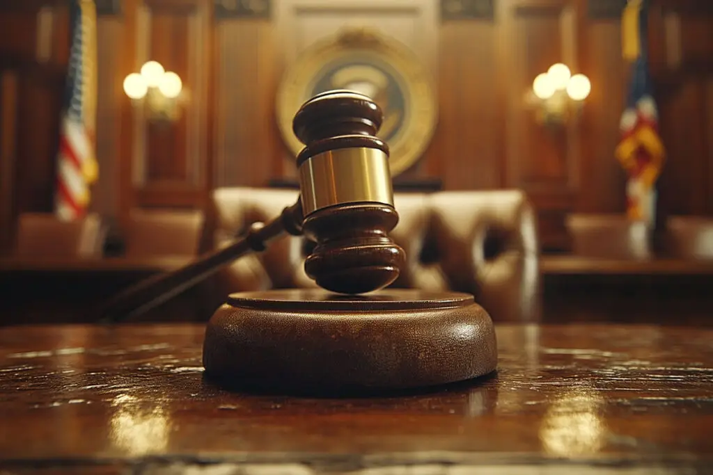 A wooden gavel with sound block is on top of a wooden table. A blurry judge's chair and the American flag is in the background.