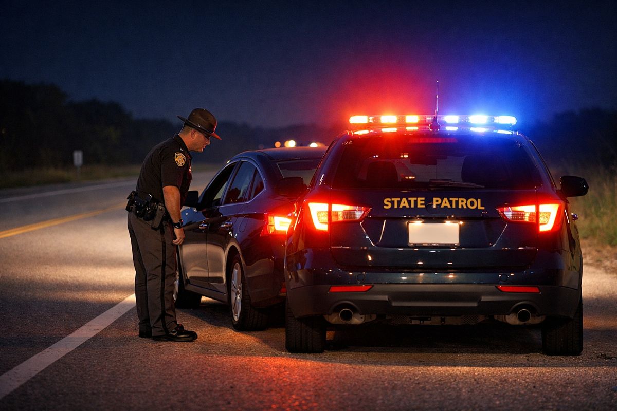 A nighttime roadside scene with a stopped sedan, a Wisconsin state patrol car behind it with flashing red and blue lights, and an officer standing near the driver-side window during an impaired-driving stop