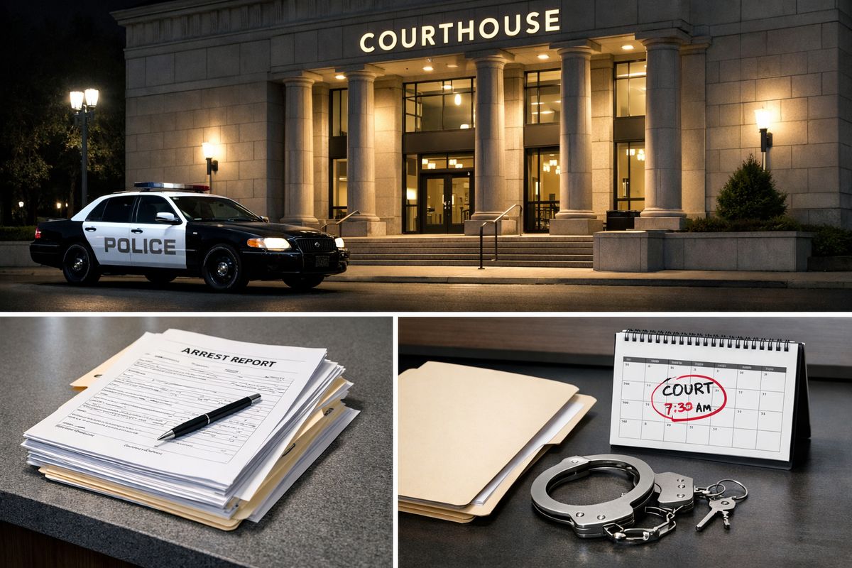 A nighttime courthouse exterior with a parked police cruiser nearby, a stack of arrest paperwork on a counter, and an open file folder beside a set of metal handcuffs and a calendar marked for an early morning court appearance
