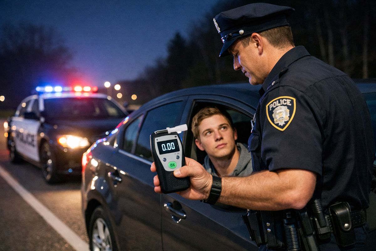 A nighttime roadside scene in Wisconsin with a police car pulled behind a compact sedan, an officer speaking to a young driver beside the open window, and a handheld breath-testing device visible in the officer’s hand