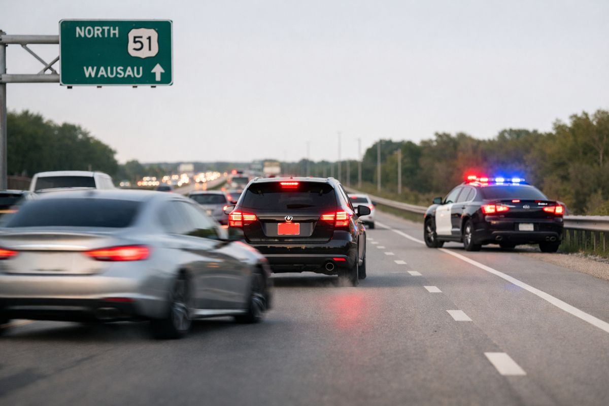 A Wisconsin state highway scene with a car weaving through traffic at high speed, another vehicle braking hard ahead, and a police cruiser parked on the shoulder with flashing lights in the distance