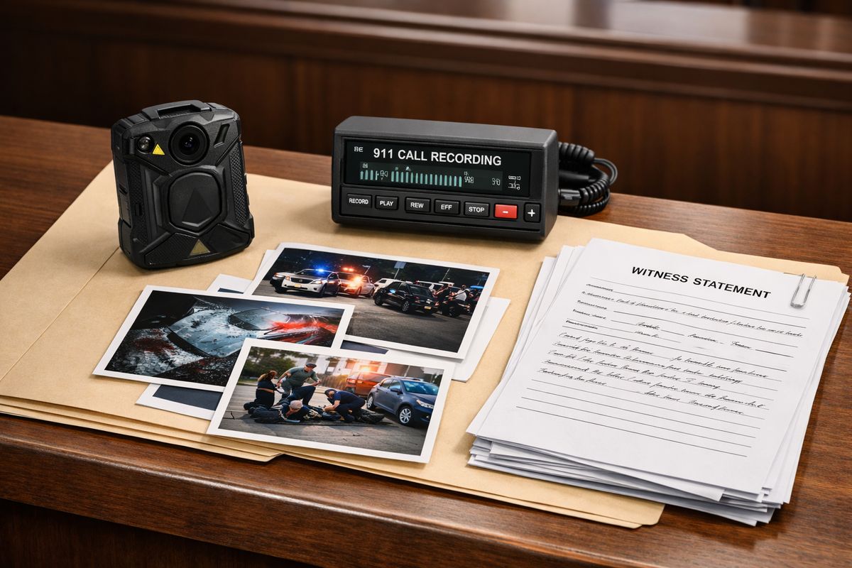 A police body-camera, a 911 call recorder, printed incident photographs, and a stack of witness statements spread across a file folder on a courtroom bench