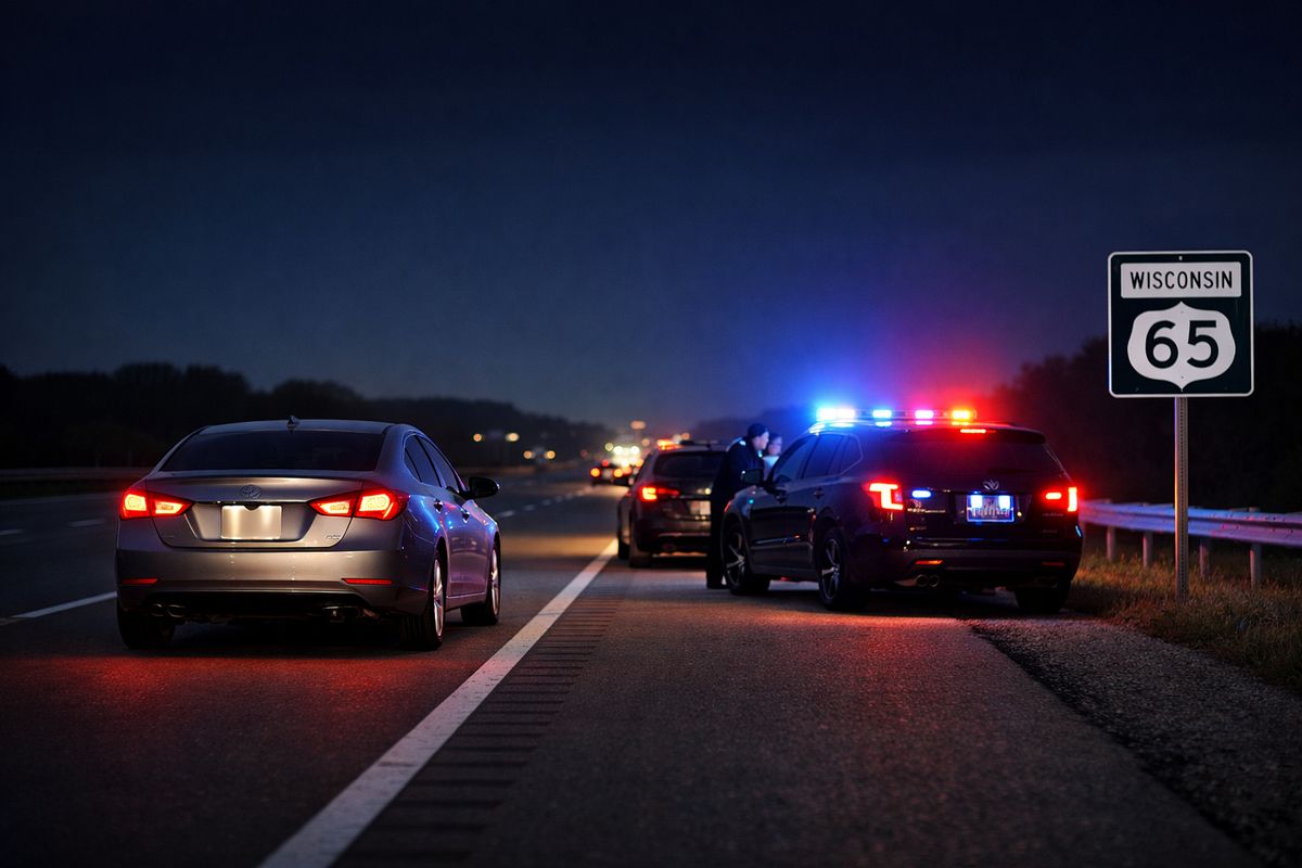 A nighttime roadside scene on a Wisconsin highway with one car pulled over after aggressive weaving between lanes and another vehicle stopped nearby with flashing police lights, suggesting two different traffic stops being compared.
