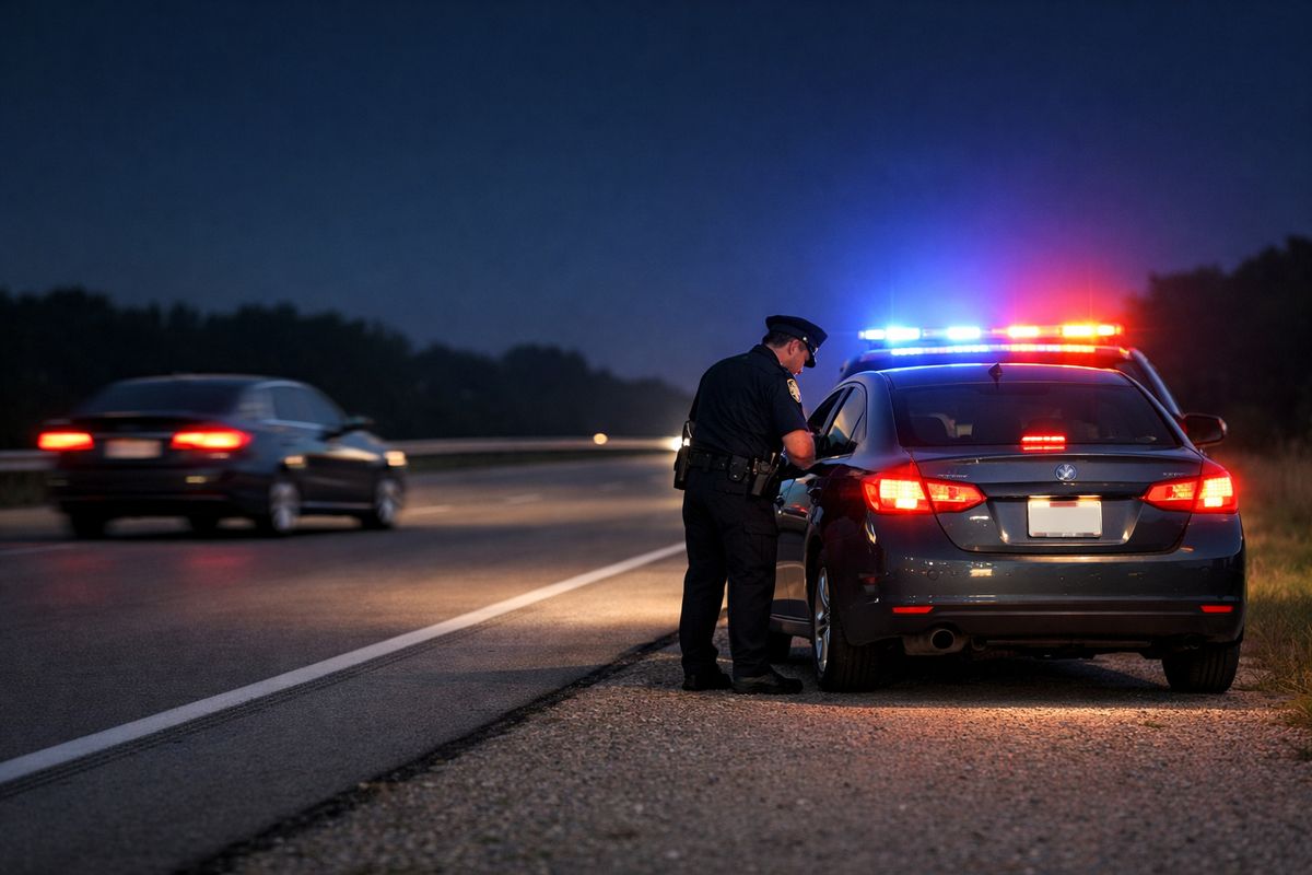 A nighttime roadside traffic stop on a Wisconsin highway shoulder with a sedan pulled over, flashing police lights behind it, and an officer standing near the driver’s window while another vehicle passes in the distance