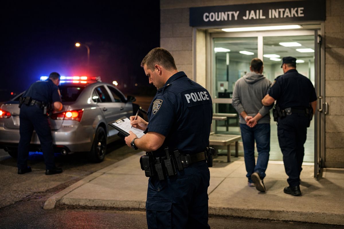 A late-night Wisconsin roadside arrest scene with a police officer completing a traffic stop near a parked sedan, another officer handling booking paperwork beside an open patrol car door, and a driver being escorted toward a county jail intake entrance with fluorescent lighting and metal benches visible inside