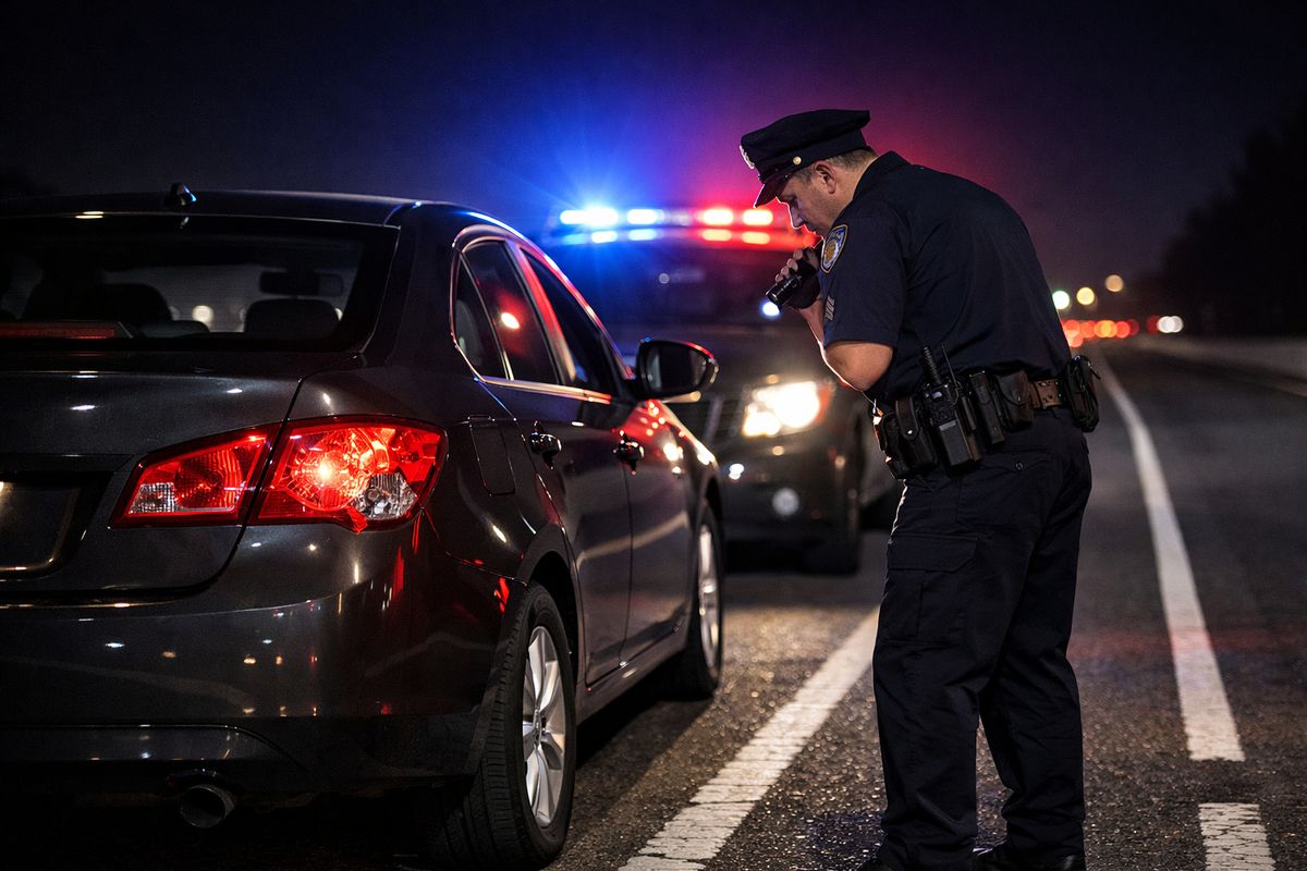A nighttime roadside traffic stop with a car pulled over on the shoulder, flashing red and blue squad lights reflecting off the vehicle, an officer standing near the driver’s window, and a few visible clues like a broken taillight and lane markings on the road to show the idea of a stop based on observed facts