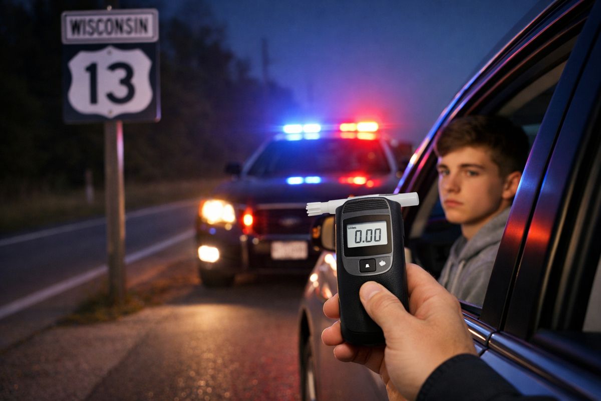 A Wisconsin state road at night with a young driver pulled over on the shoulder, a patrol car behind them with flashing red and blue lights, and a breathalyzer device held near the open driver-side window, suggesting an under-21 alcohol test situation.
