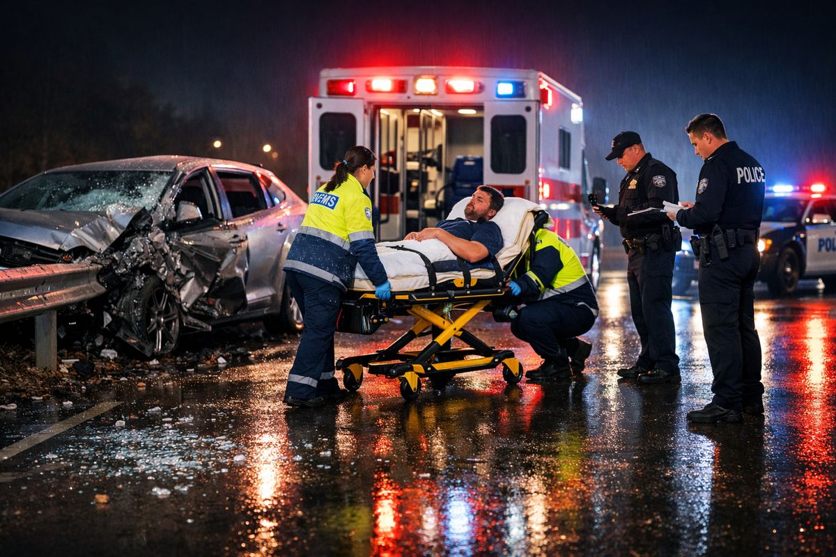 A nighttime two-car crash scene on a wet road with one vehicle crumpled near a guardrail, flashing emergency lights reflecting off the pavement, shattered glass scattered on the ground, and an ambulance crew tending to an injured driver on a stretcher while police inspect the scene
