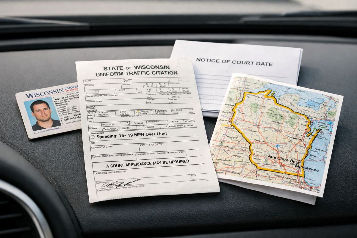 A Wisconsin traffic citation lying on a car dashboard beside a driver’s license, a folded court notice, and a state road map with the Wisconsin border highlighted, showing the paperwork and location-specific nature of the charge