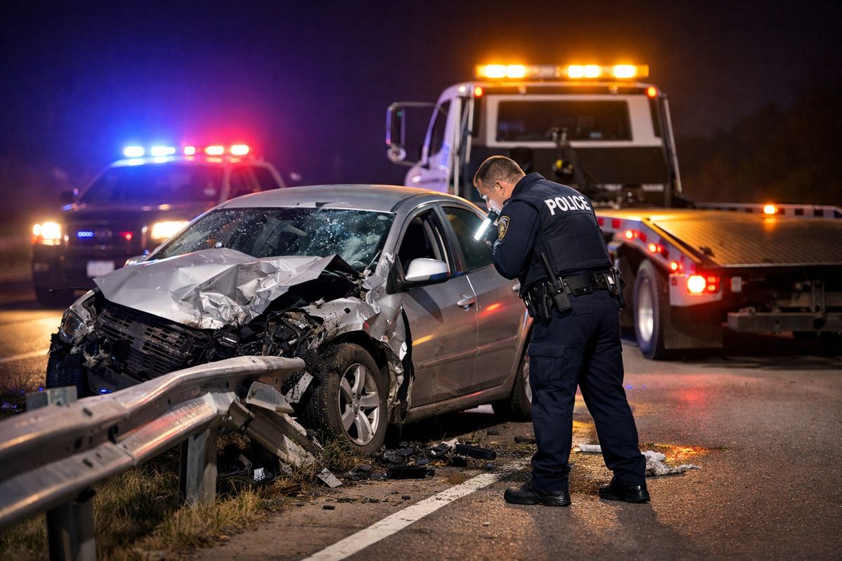 A nighttime roadside crash scene with a damaged car, flashing police lights, a tow truck, and an officer examining the vehicle near a damaged guardrail, showing the serious consequences of an impaired-driving case that escalates into felony territory.