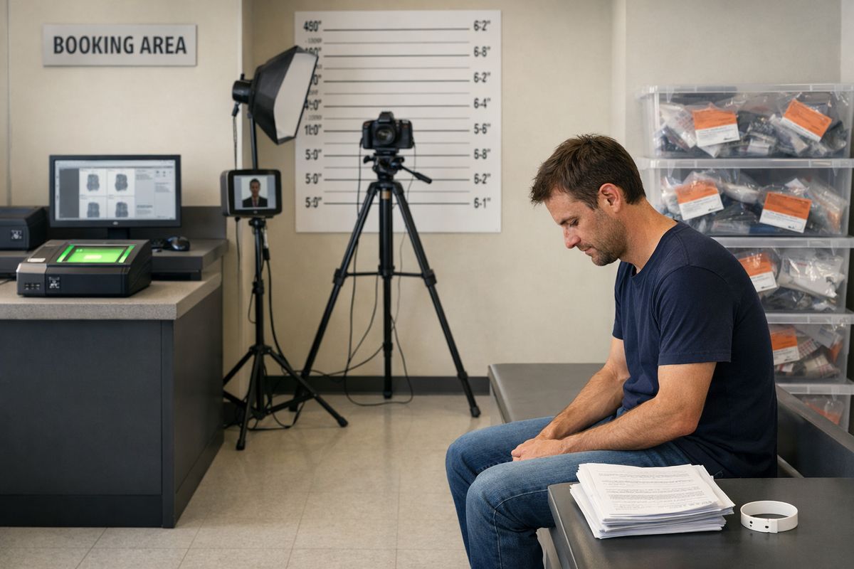 A courthouse booking area with fingerprint scanner equipment, a mugshot camera station, stacked property bags in clear evidence bins, and a person seated on a hard bench beside a pile of release papers and a wristband