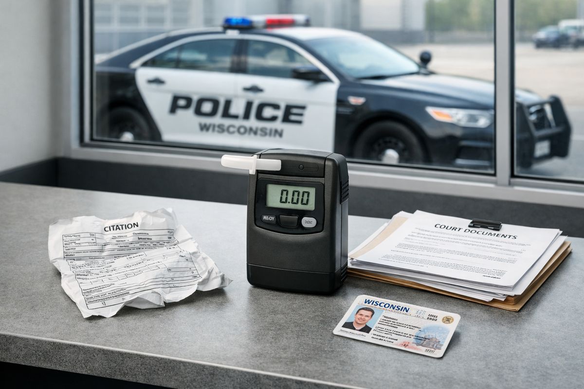A Wisconsin police booking table with a crumpled citation, a breath test device, a stack of court papers, and a driver’s license card laid out beside them, with a marked patrol car visible through the window in the background