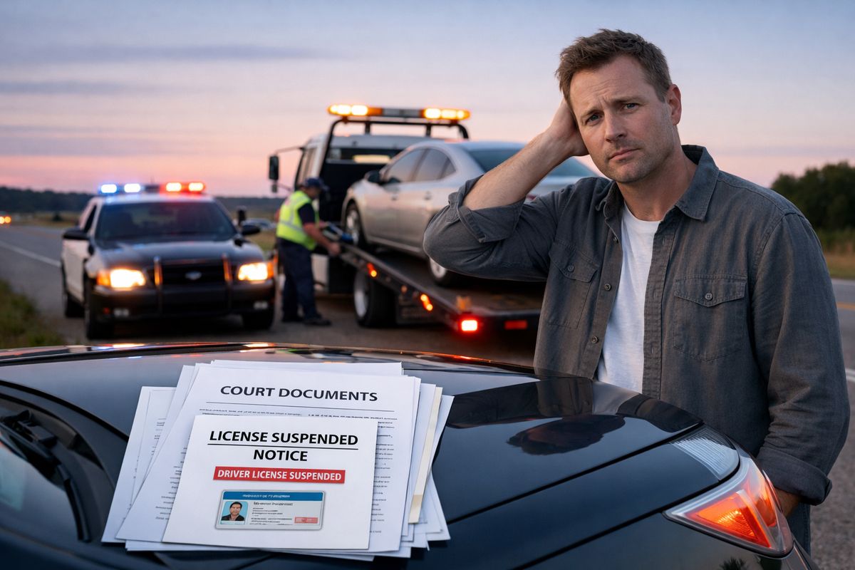 A roadside scene at dusk with a parked police cruiser behind a stopped car, a tow truck preparing to load the vehicle, and a worried driver standing beside a stack of court papers and a suspended license notice on the hood