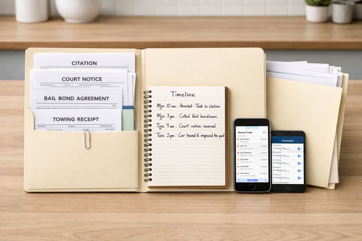 A kitchen table covered with a citation, court notice, bond paperwork, a tow receipt, a notebook with handwritten timeline notes, and a phone showing saved call and voicemail screenshots, with all the items neatly grouped into one folder beside an envelope of loose papers.