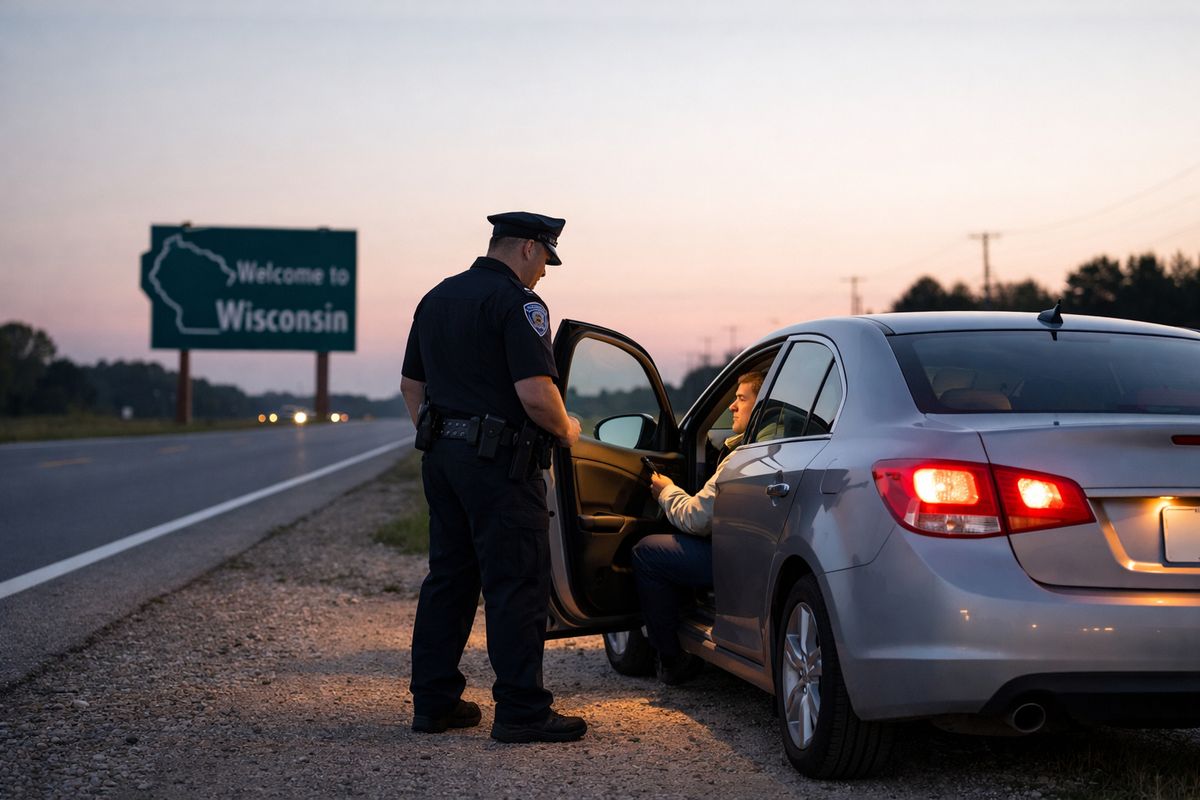 A Wisconsin roadside scene with a parked car on the shoulder at dusk, an officer standing nearby beside the open driver’s door, and a driver seated inside while the vehicle’s interior light is on, suggesting a check for operating while intoxicated rather than just driving.