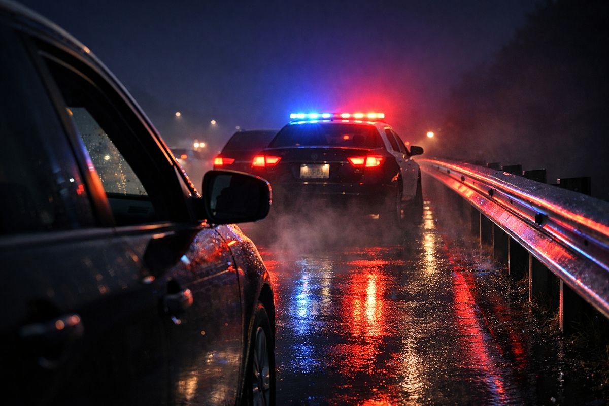 A wet nighttime highway shoulder with a parked patrol car behind a stopped vehicle, red and blue emergency lights reflecting off rain-slick pavement and a guardrail, with an open car window and mist rising from the asphalt