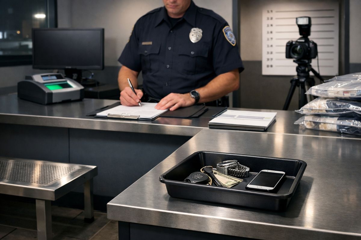 A nighttime police booking area with a metal bench, fingerprint scanner, mugshot camera, stacked property bags, and a person standing behind a counter as an officer processes release paperwork and a set of keys and personal items sit in a tray