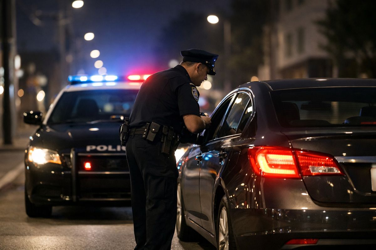 A nighttime roadside traffic stop on a city street, with a patrol car behind a sedan pulled to the curb and a police officer standing near the driver’s window while the car’s rear taillight is visible in the scene