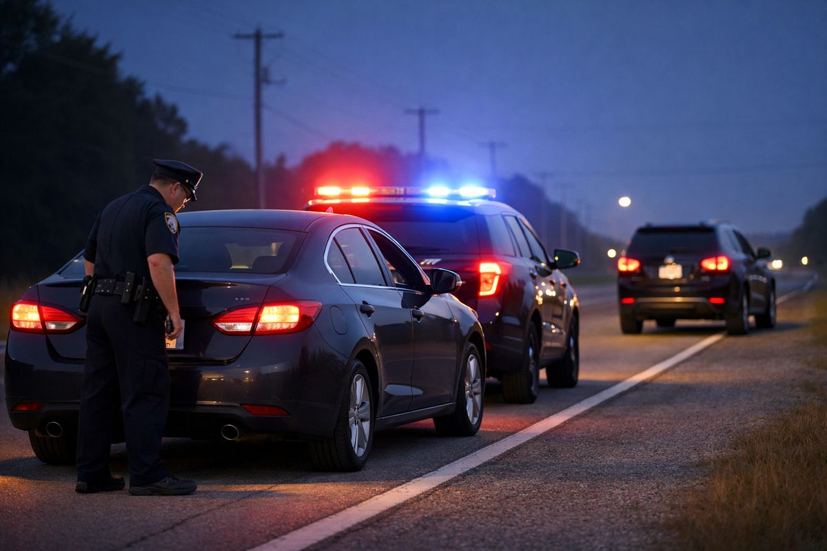 A nighttime roadside sobriety stop on a Wisconsin street, with a patrol car flashing red and blue lights behind a stopped sedan, an officer standing near the driver-side window, and a second vehicle parked farther back on the shoulder