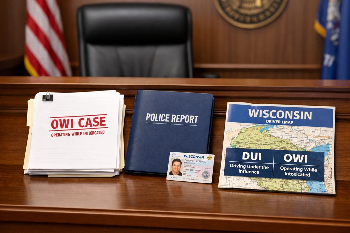 A Wisconsin courtroom bench with a stack of court papers stamped for an OWI case, a police report folder, and a driver’s license placed beside a road map of Wisconsin, showing the difference between everyday DUI wording and the legal OWI label.