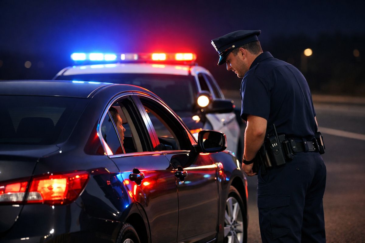 A nighttime roadside traffic stop scene with a police cruiser behind a sedan, flashing red and blue lights reflecting off the car doors, and an officer standing near the driver’s window while the driver remains inside the vehicle.