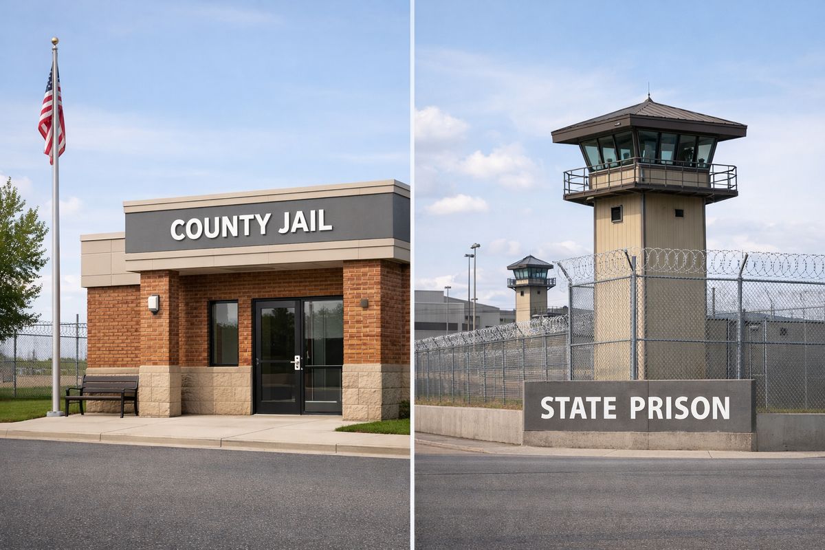 A split-scene illustration of a small local jail building on one side and a larger state prison complex with tall fencing and watchtowers on the other, showing the contrast between a less serious offense and a more serious one
