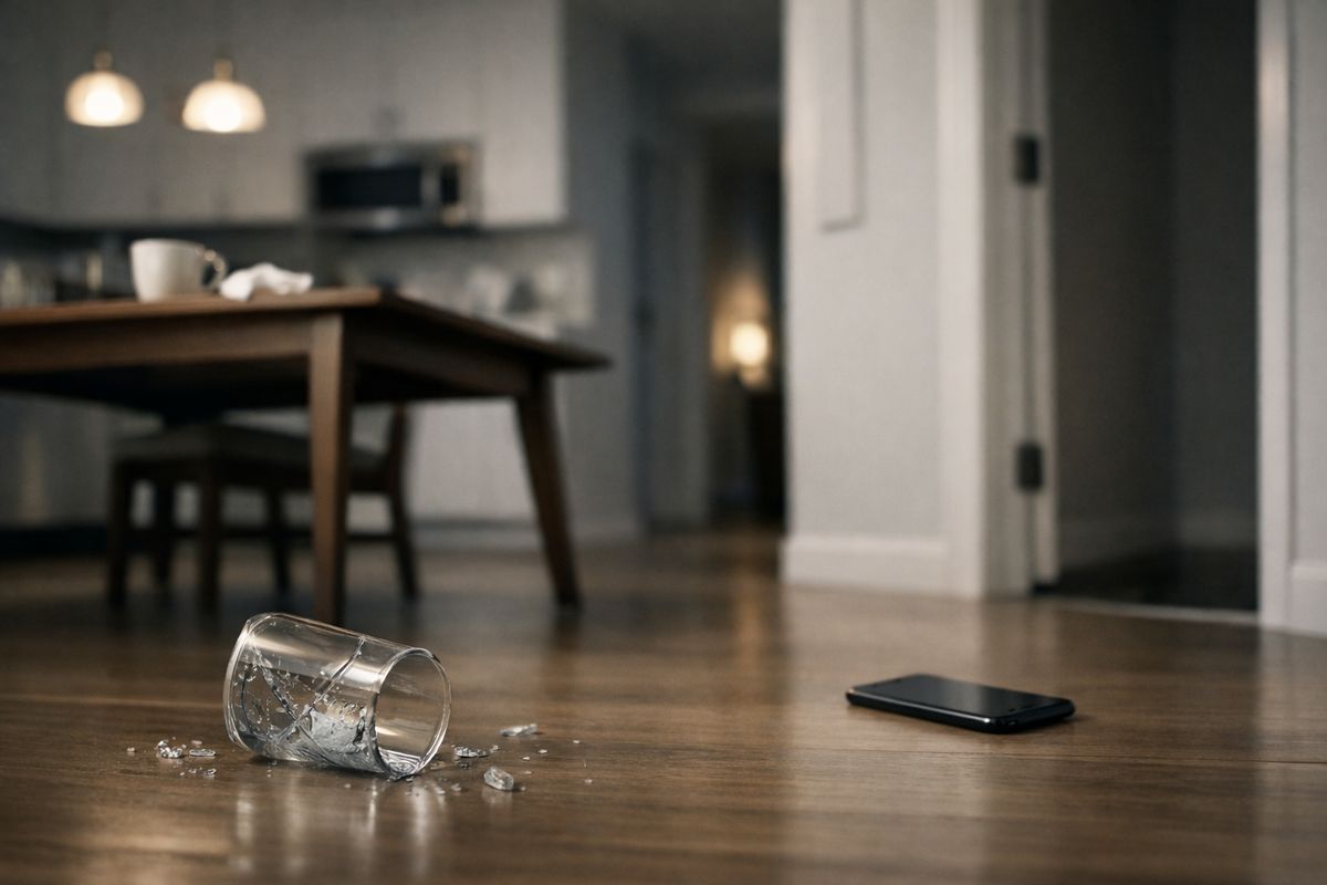 A tense home interior at night with a kitchen table knocked slightly askew, a cracked drinking glass on the floor, and a phone lying face down beside an open doorway, suggesting a domestic argument that has just turned alarming