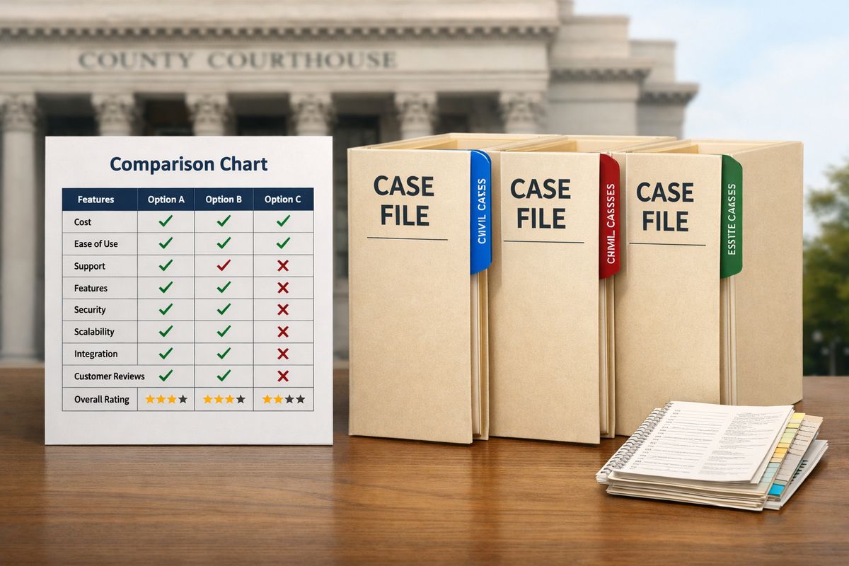 A neatly arranged comparison chart laid out beside printed case folders, with three distinct legal binders marked by colored tabs, a county courthouse exterior in the background, and a small stack of directory pages fanned out next to them