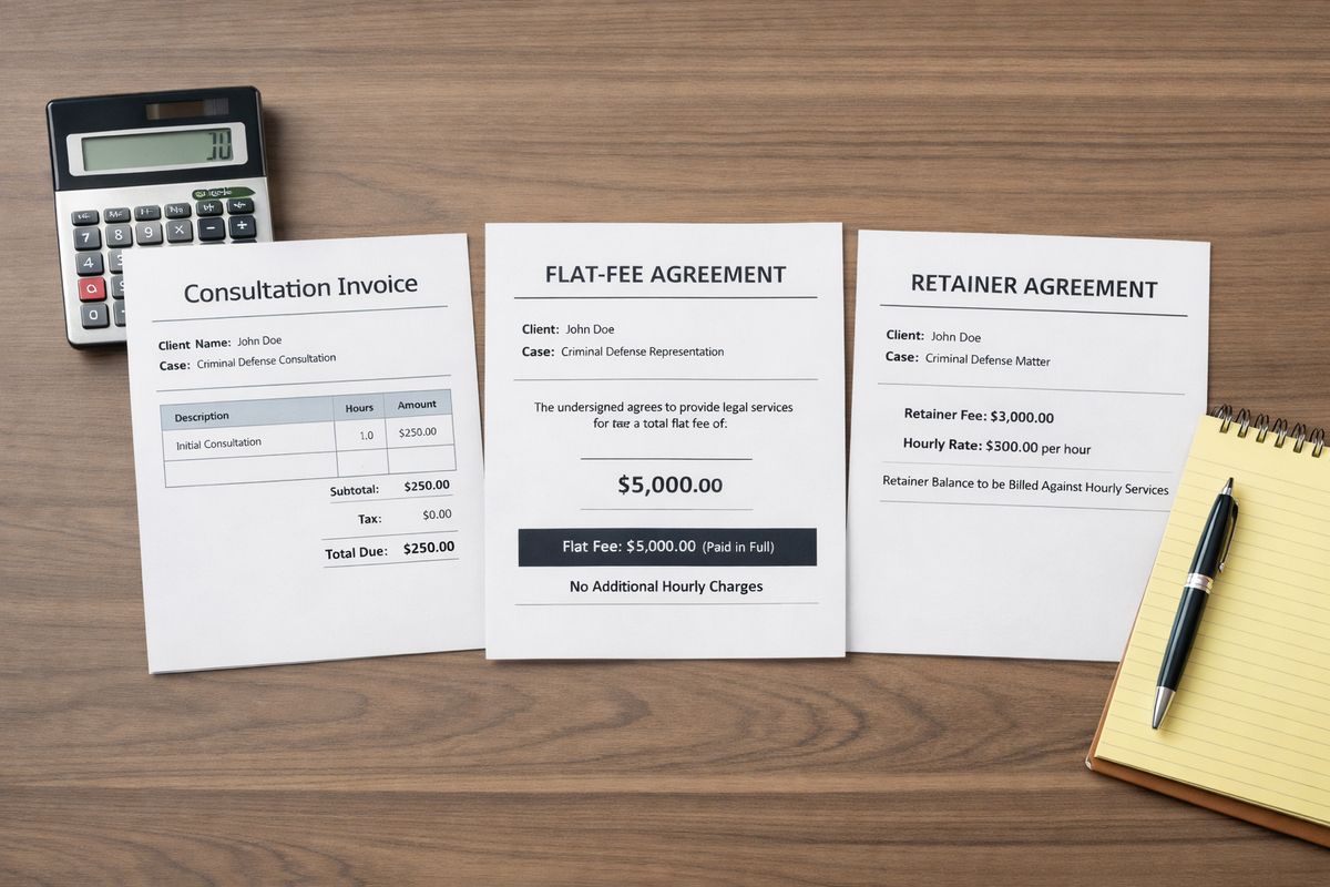A spread of legal fee documents on a desk with one consultation invoice, one flat-fee agreement, and one retainer agreement beside a calculator and a legal pad, suggesting different pricing models for criminal defense representation