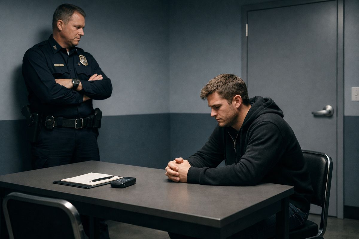 A nighttime police station interview room with a closed door, a single chair facing a table, and an officer standing nearby while a suspect sits quietly as if a warning has just been read before questioning begins.