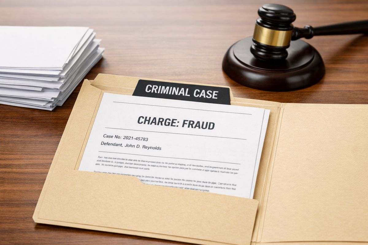 A courtroom file folder lying open on a wooden table, with one document inside showing a bold case classification tab, a stack of related papers beside it, and a gavel in the background to suggest the folder label versus the specific charge inside