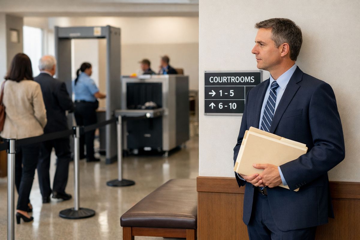 A courthouse entrance with a metal detector, a security line, and a person holding a neat folder of court papers while standing beside a wall-mounted sign and a bench in a busy hallway.