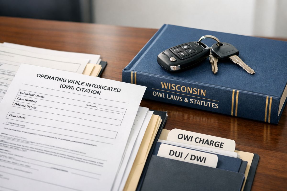 A close-up scene of a Wisconsin courthouse desk with a stack of legal documents, a citation form, and a state law book beside a car key set on top, suggesting the official OWI terminology used in court paperwork versus casual wording people might use in conversation