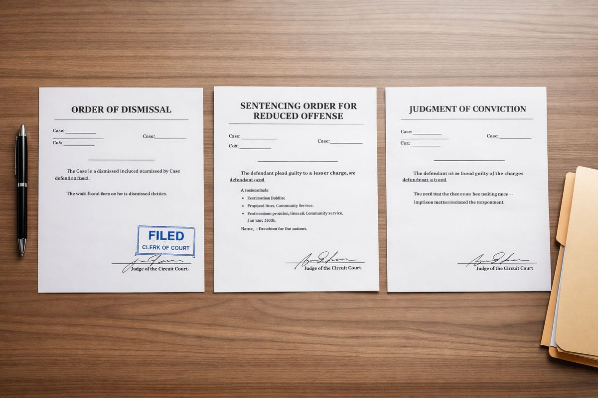 A desktop with three separate courthouse documents laid out side by side: a dismissal order stamped by a clerk, a sentencing order for a reduced offense, and a conviction judgment, with a pen and folder beside them as if someone is comparing which outcome applies