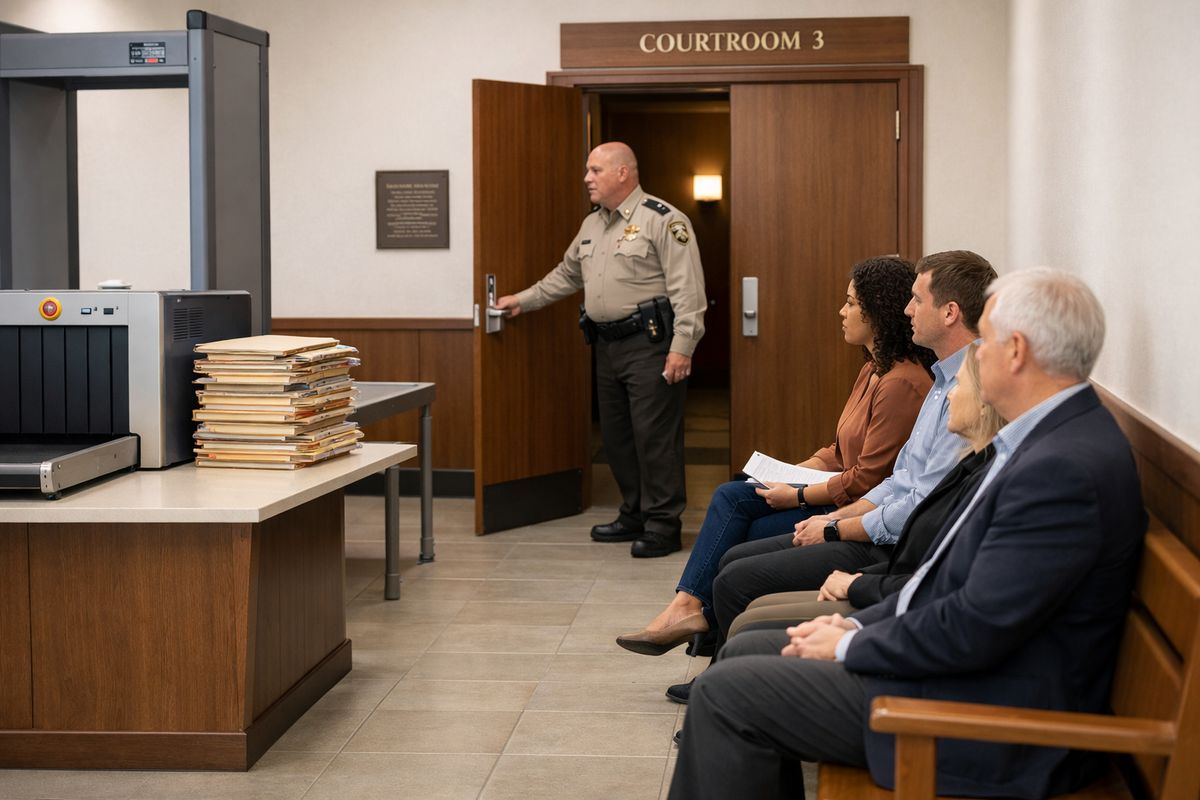 Inside a courthouse hallway outside a courtroom, a small line of people waits on benches while a bailiff opens the courtroom door and calls cases one by one; a wooden bench, a security checkpoint nearby, and a stack of court folders create a scene of quiet waiting before a brief hearing.