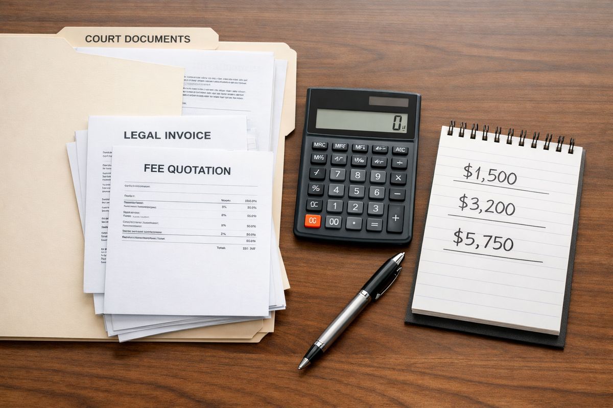 A small stack of legal invoices and fee quotes laid out beside a folder of court documents, with a calculator, pen, and notepad showing different price estimates arranged from lower to higher amounts.