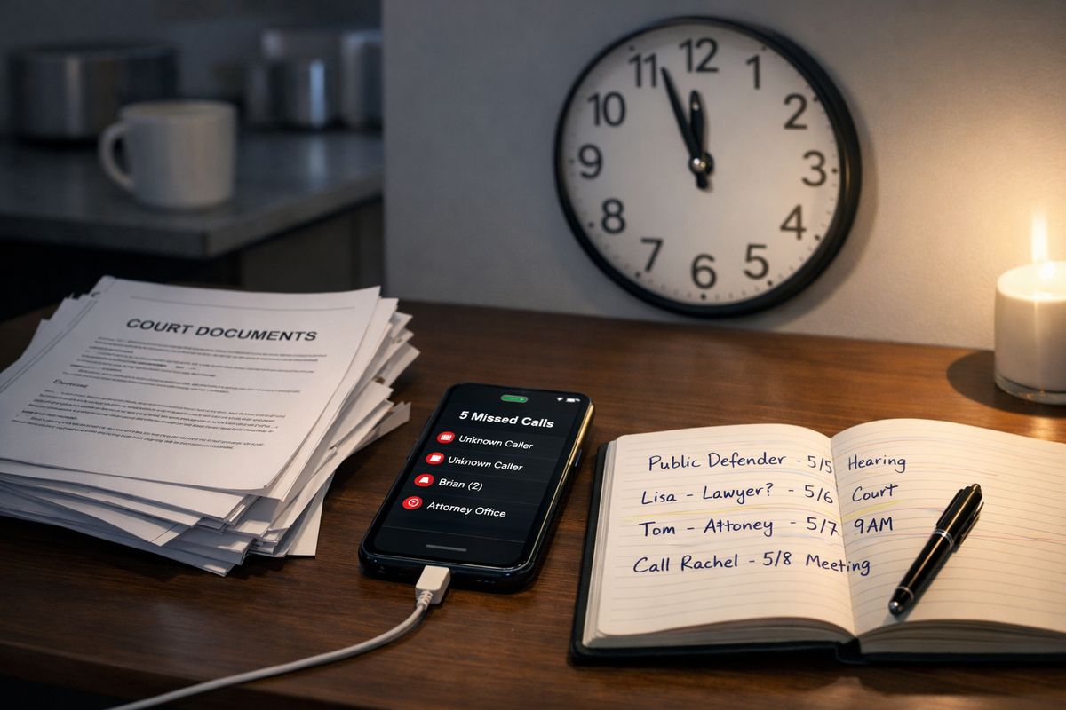 A late-night kitchen table scene with a stack of court papers, a charged smartphone showing missed calls, a wall clock near midnight, and an open notebook with handwritten contact names and hearing dates, suggesting an urgent search for legal help after an arrest.