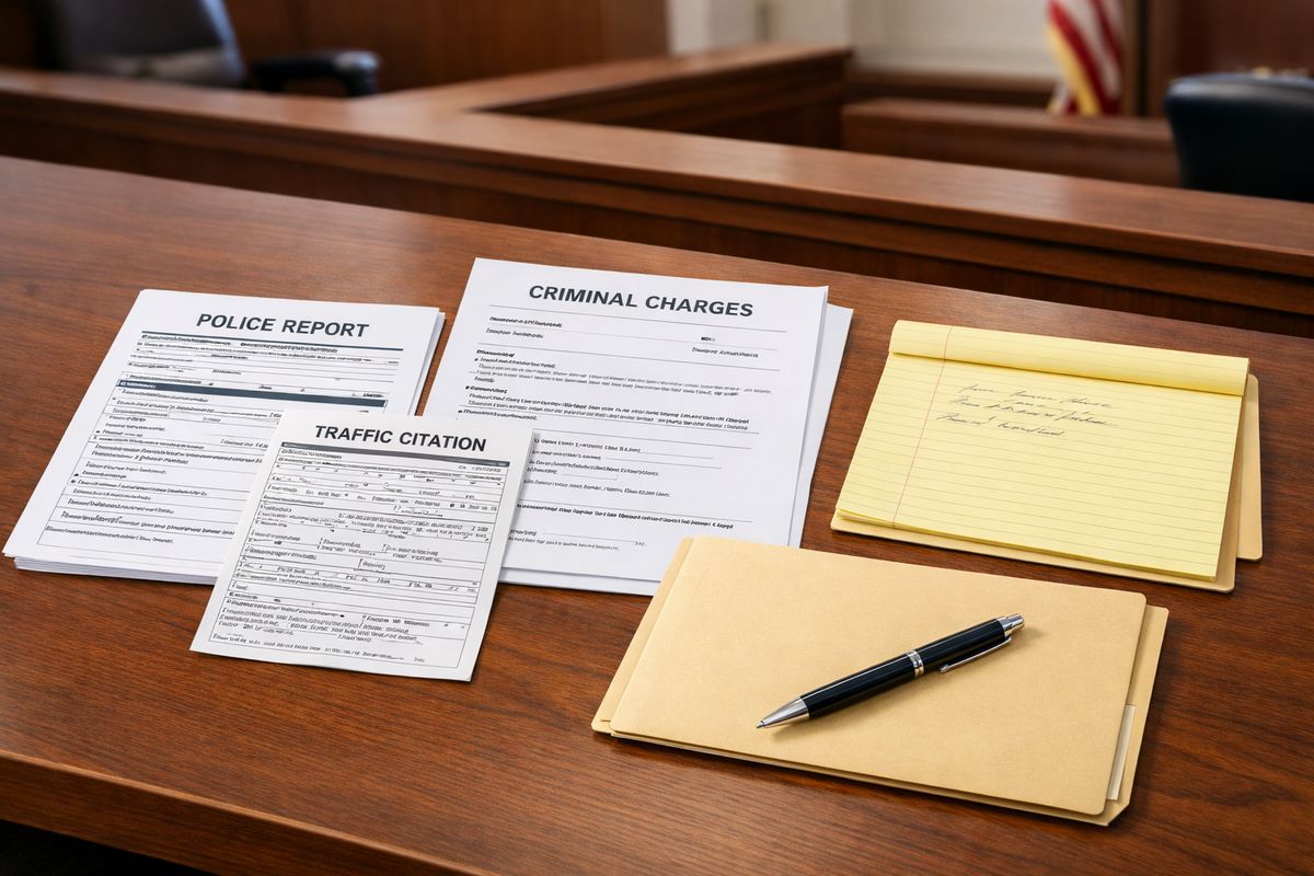 A courtroom desk covered with a police report, charging papers, a traffic citation, and a legal pad, with a pen resting beside a manila folder to suggest reviewing evidence and building a defense before a hearing