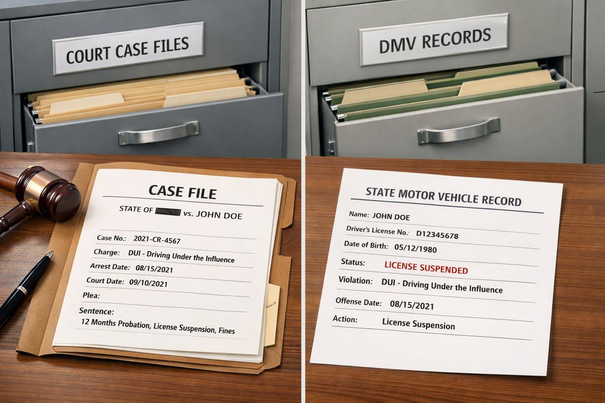 A split-scene legal records setup with a courthouse case file open on a desk, a state motor vehicle record printout beside it, and a DMV-style file cabinet in the background, showing two separate record systems holding different information about the same DUI case