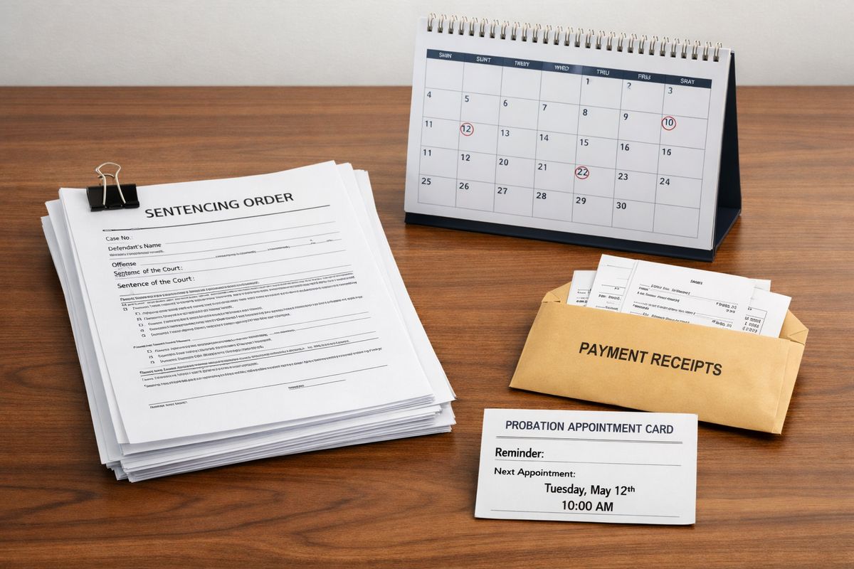 A stack of court paperwork on a wooden table, including a sentencing order with several pages clipped together, beside a calendar, an envelope of payment receipts, and a probation appointment card