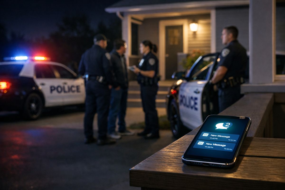 A tense night scene outside a house with a police cruiser parked at the curb, two officers speaking with a person near the front steps, and another officer standing beside an open patrol car door while a phone on the porch glows with recent message alerts.