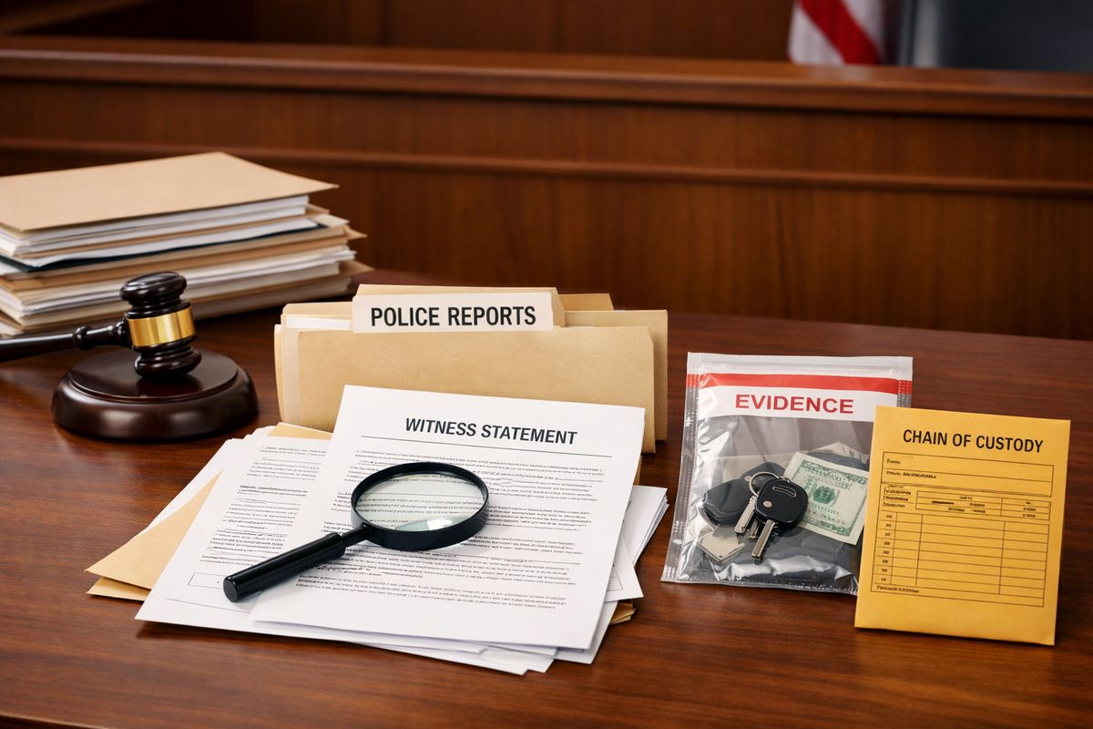 A courtroom bench with a judge’s gavel beside a stack of legal files, a folder of police reports with papers scattered out, a magnifying glass over a witness statement, and a separate evidence bag and chain-of-custody envelope laid out on a table