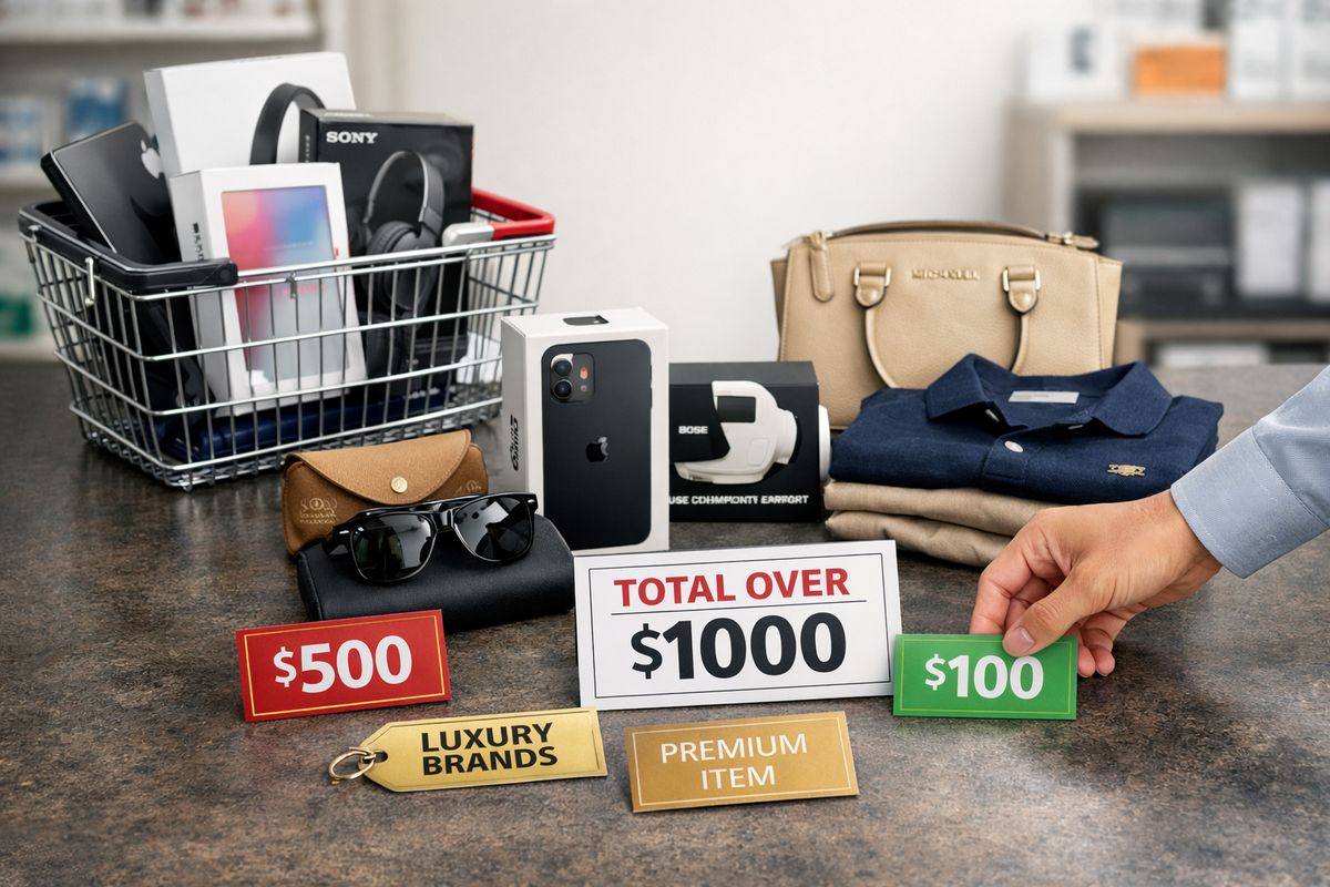 A store aisle with several boxed electronics, designer sunglasses, and clothing items laid out beside a checkout counter, with a shopping basket full of merchandise and a hand placing price tags and packaging pieces next to the items to suggest the value and charge threshold being crossed