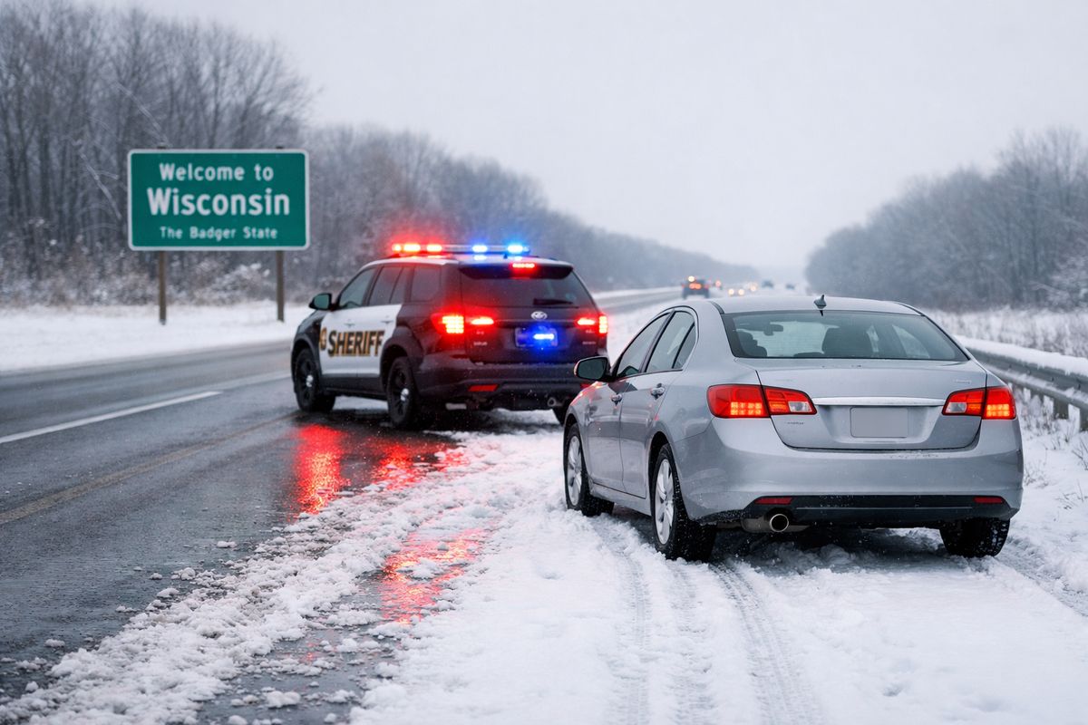A Wisconsin roadside scene in winter with a car pulled over on the shoulder, fresh snow on the pavement, and a sheriff’s cruiser parked behind it with flashing lights reflecting off the snow
