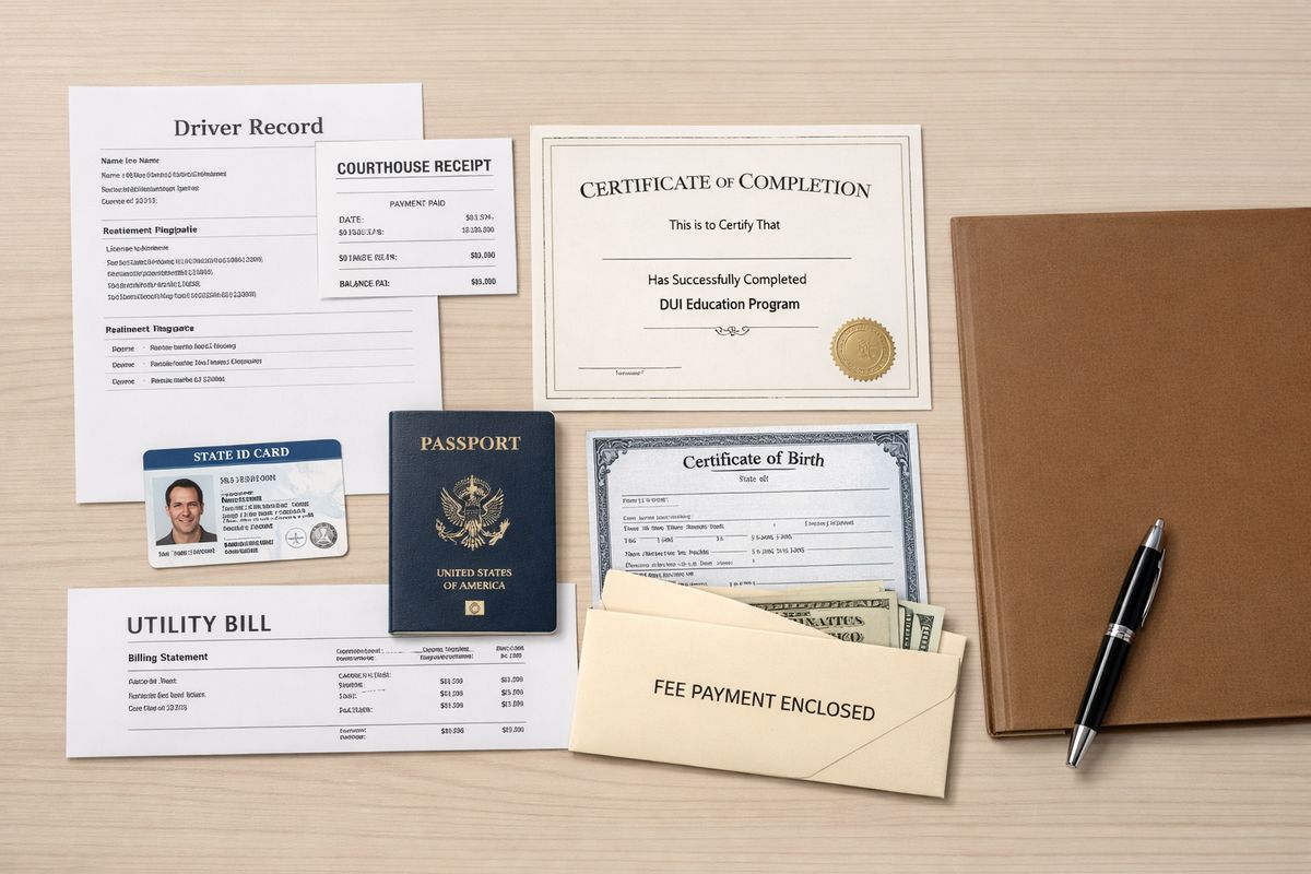 A neatly arranged set of reinstatement documents on a table, including a driver record printout, a courthouse payment receipt, a completion certificate, a state ID card, a passport, a birth certificate, a utility bill, and an envelope holding fee payment, with a pen and folder beside them