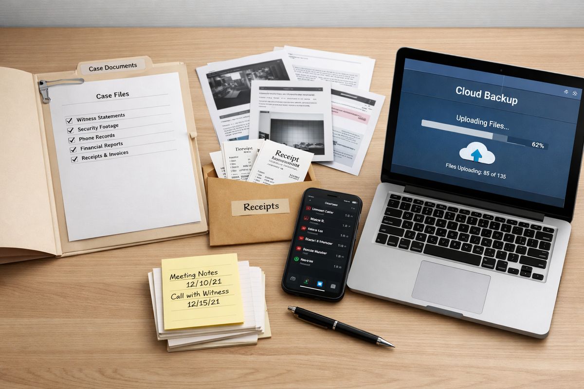 A desktop scene with a neatly organized folder open beside printed screenshots, an envelope of receipts, a phone displaying call logs, a small stack of dated notes, and a laptop showing a cloud backup upload screen, all arranged like a case evidence file.