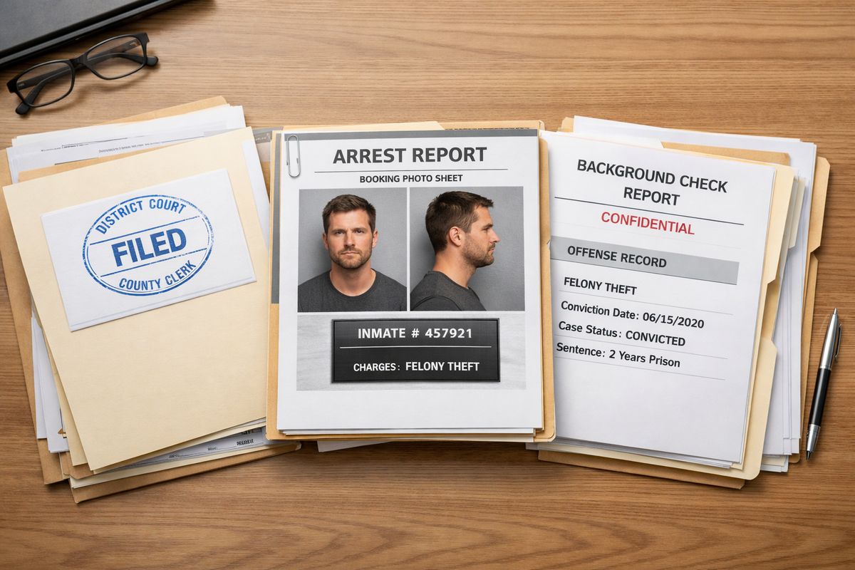 A stack of different legal files spread across a wooden desk, with one folder marked by a court stamp, another with an arrest booking photo sheet, and a third representing a private background check report, showing how the same felony can appear in multiple records.