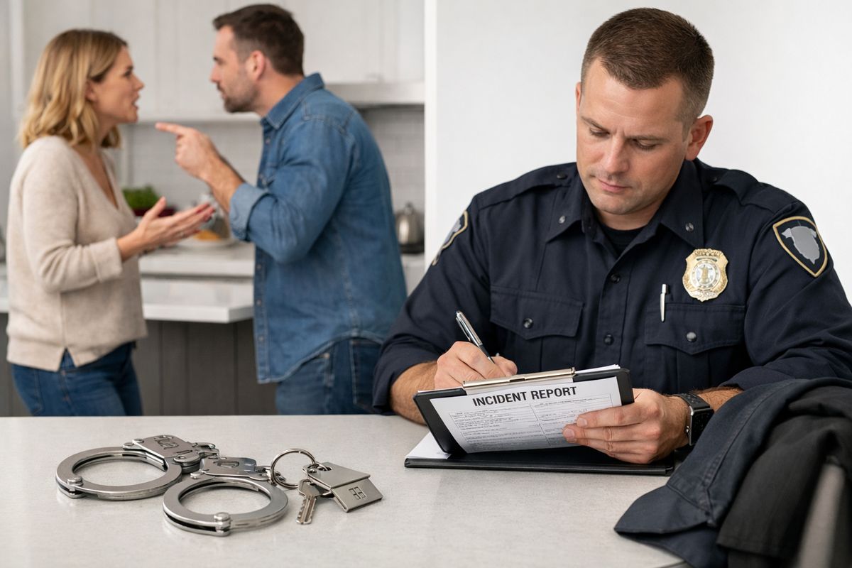 A split scene showing a tense argument inside a kitchen and a police officer reviewing an incident report at a table nearby, with a pair of handcuffs, a house key ring, and a jacket draped over a chair to suggest a domestic relationship case